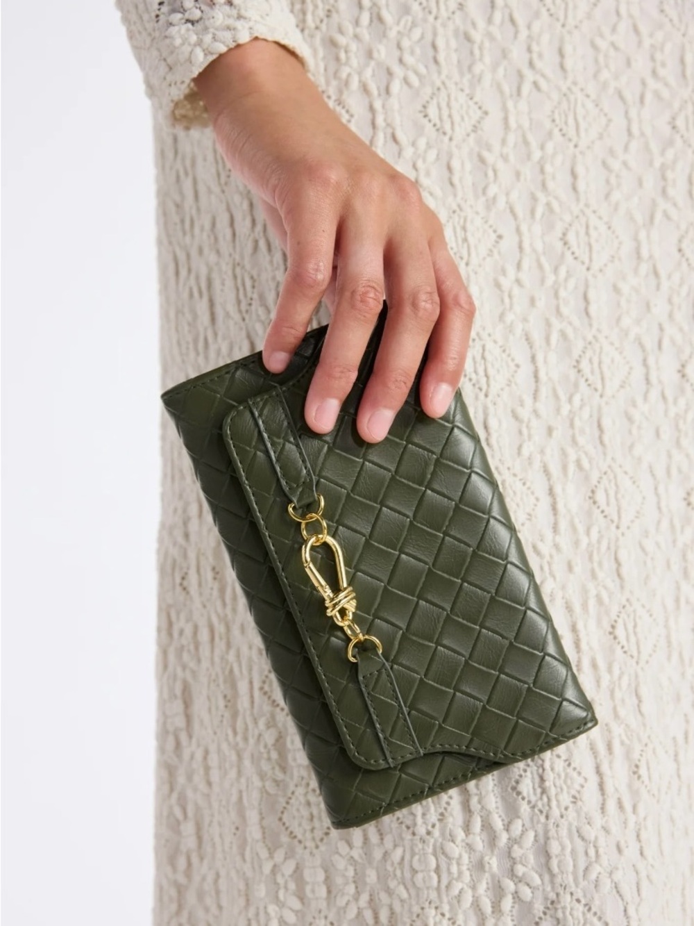 Time and Tru Quilted Olive Green Clutch with Gold Hardware